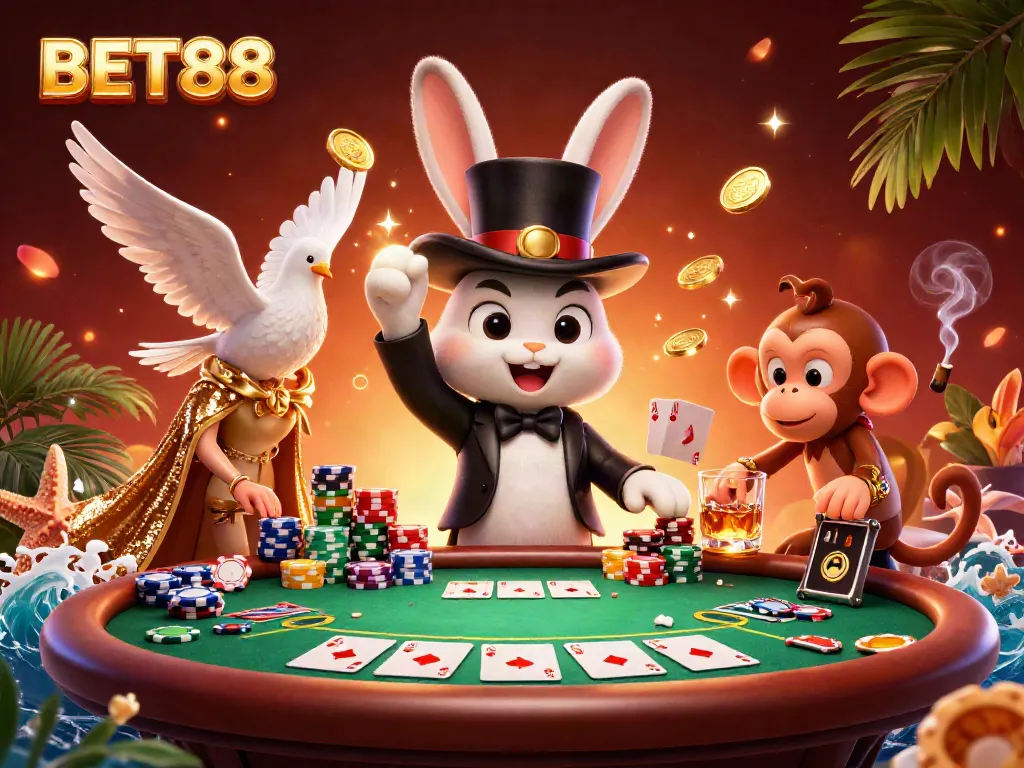 Experience the magic of BET88 as a cartoon magician rabbit conjures gold coins, vibrant poker elements surround.