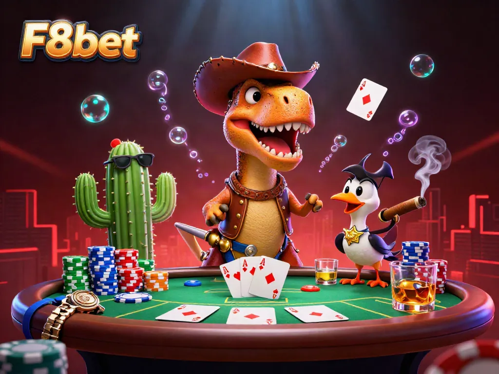 Experience the excitement of F8bet with a dynamic 3D illustration featuring a cowboy dinosaur and poker elements.