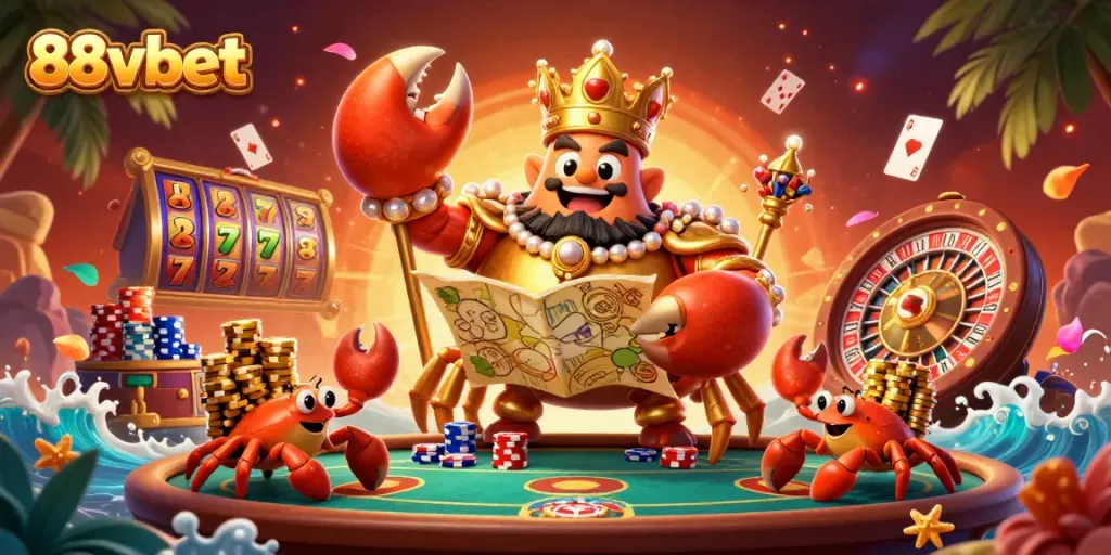 Engage in thrilling 88vbet casino adventures with a golden crab emperor and vibrant gaming elements.