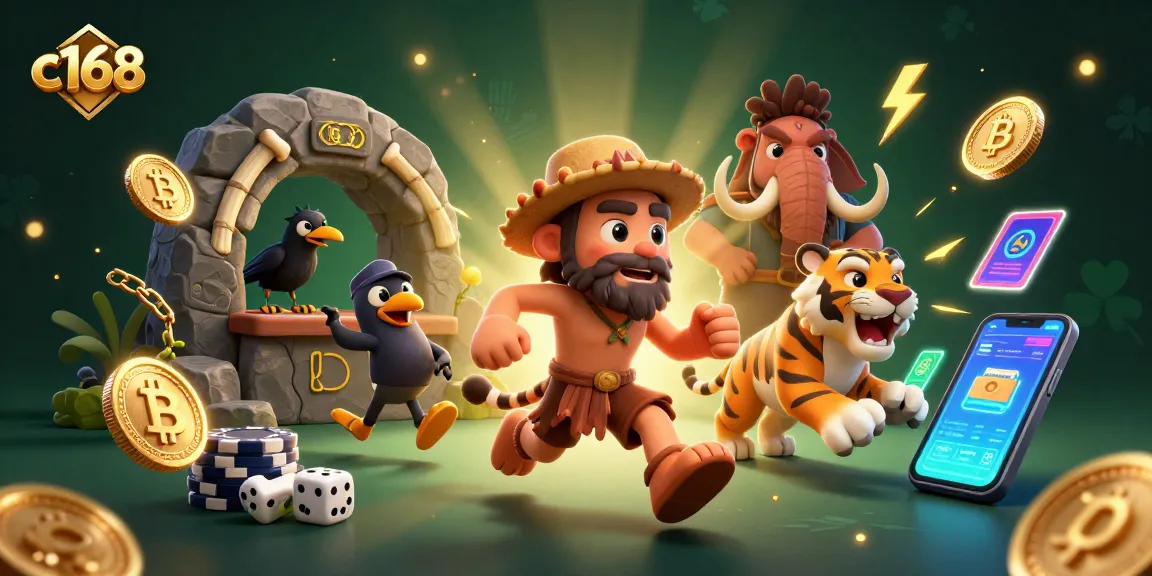 Experience thrilling casino adventures at c168 with a dynamic 3D prehistoric scene featuring a caveman duo and digital gaming elements.