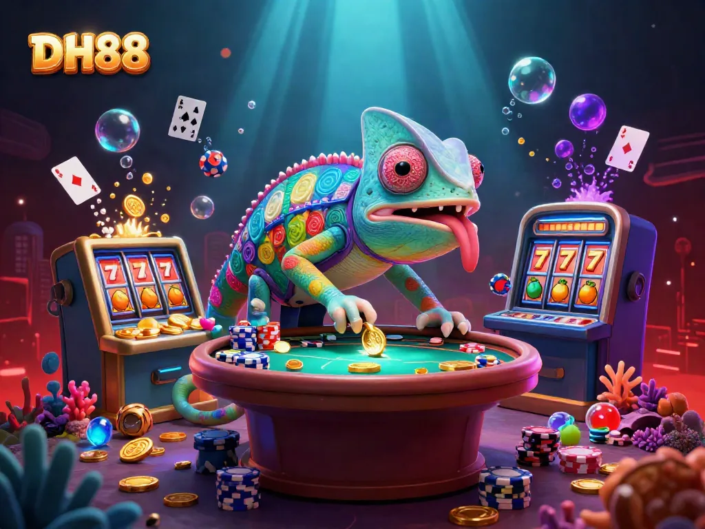 Experience the thrill of DH88 with a colorful 3D scene featuring a dynamic chameleon casino owner and vibrant gaming elements.