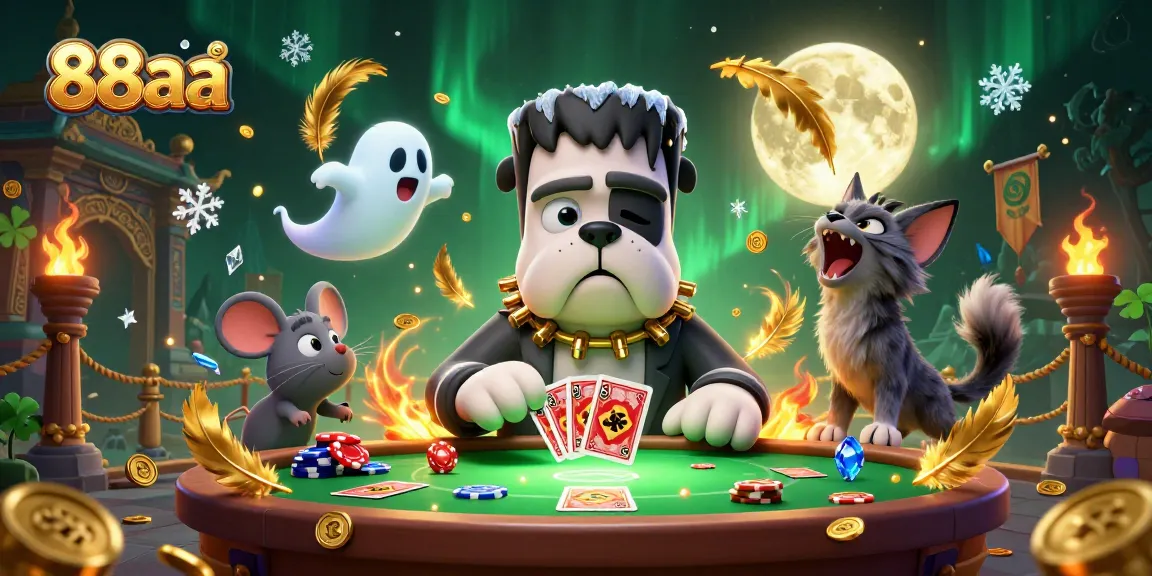 88aa invites players to bet at a spooky casino table with a bulldog monster and ghost mouse.
