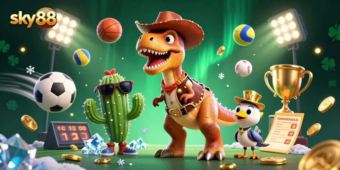 Experience thrilling gameplay action at sky88 with a vibrant 3D casino scene filled with colorful characters and dynamic sports elements.