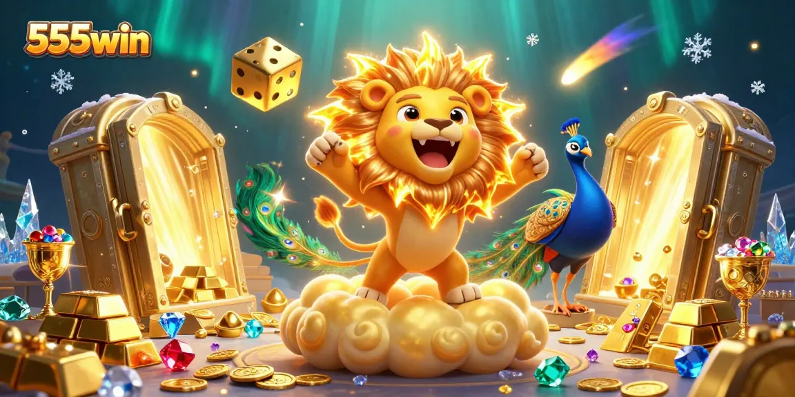 Experience the thrill of winning at 555win with a vibrant 3D casino scene filled with golden treasures.