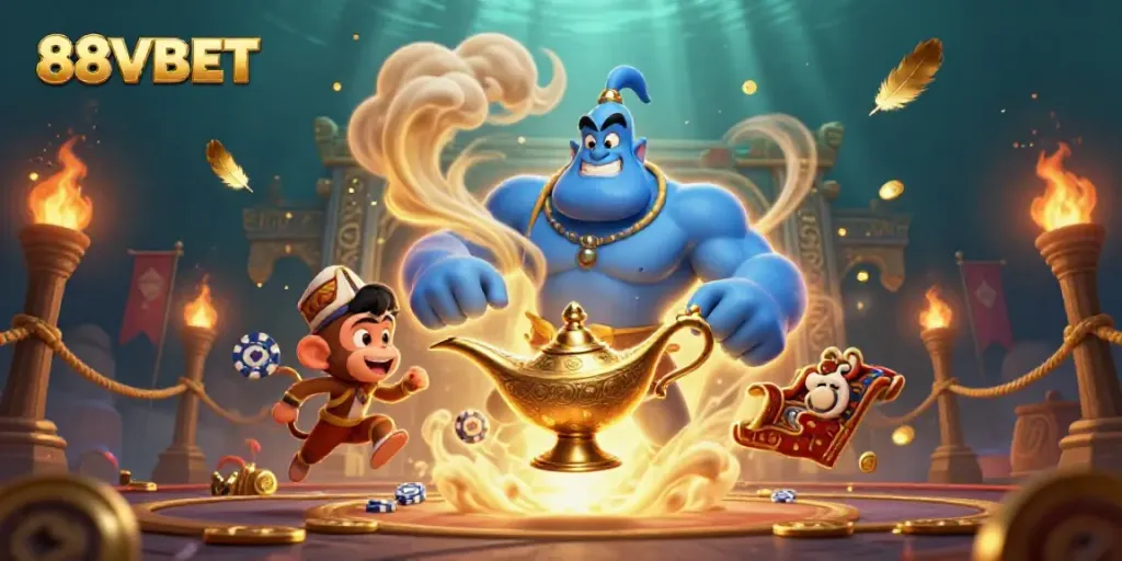 Engage with the magic of 88VBET featuring a muscular blue genie and enchanting monkey in a vibrant casino scene.