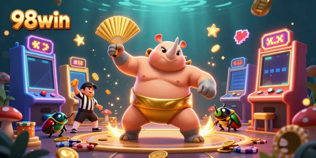 Experience the thrill of 98win as a rhinoceros beetle sumo champion stomps gold coins in a colorful casino setting.