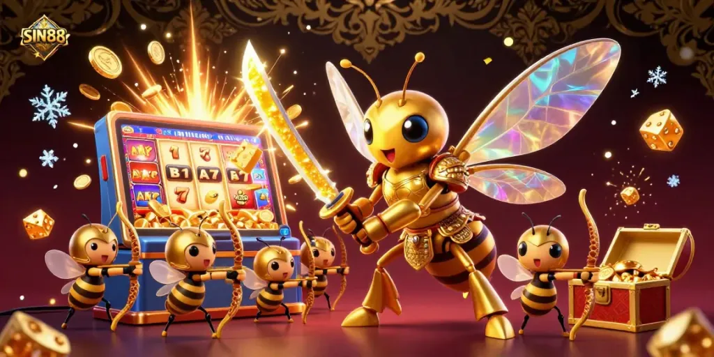 SIN88 showcases a vibrant casino scene with a golden hornet warrior and exhilarating game elements promoting engagement and fun.
