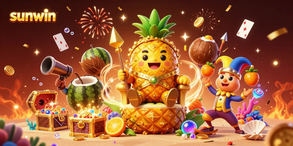 Engage with sunwin's lively casino experience featuring a golden pineapple king and vibrant game elements.