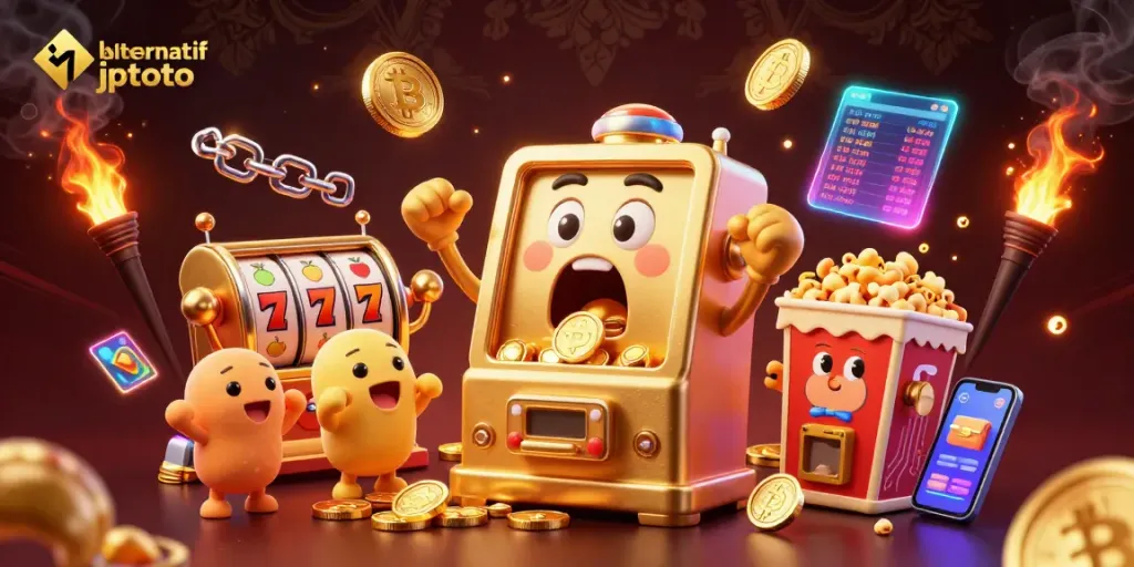 Engage in the excitement of link alternatif jptoto with a lively casino scene showcasing a joyous golden slot machine hitting the jackpot.
