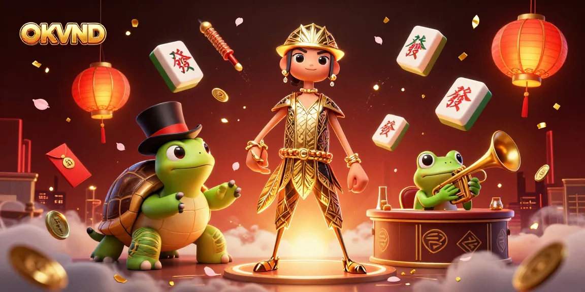 Experience gaming fun with OKVND, featuring unique characters and dynamic casino elements in a vibrant scene.