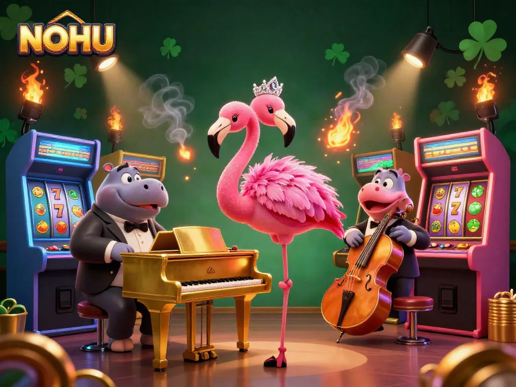 Experience the excitement at NOHU with a vibrant casino scene featuring lively 3D characters and gaming elements.