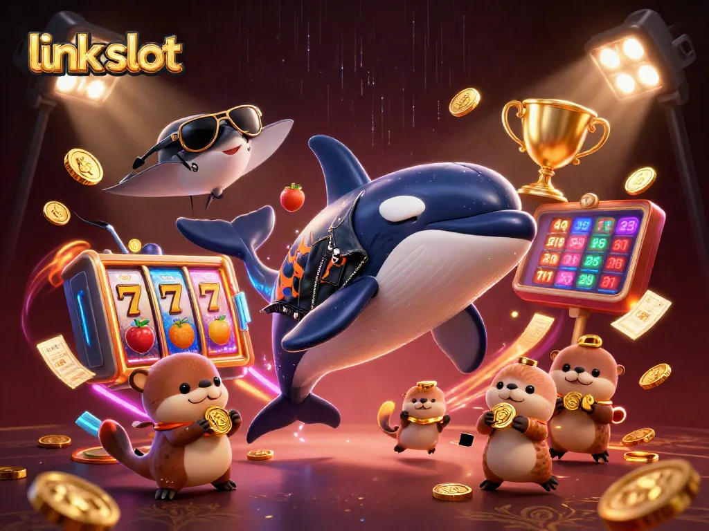 Spin and win at link slot with animated characters and vibrant casino elements in a dynamic scene.