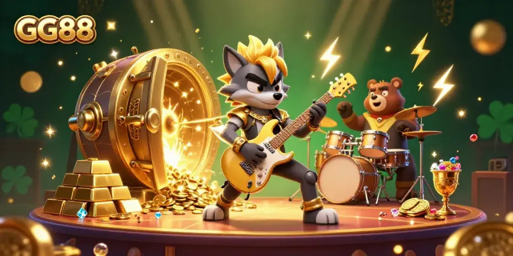 Join the GG88 casino excitement with a vibrant scene featuring dynamic characters, golden treasures, and thrilling game elements.