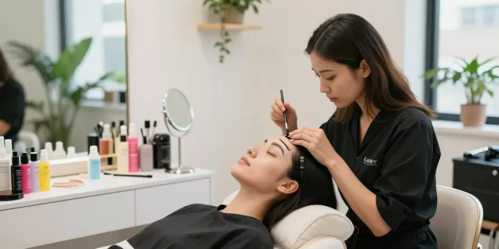 Brow Lamination Colchester: Aesthetician expertly performs brow lamination on a relaxed client in a stylish beauty salon.