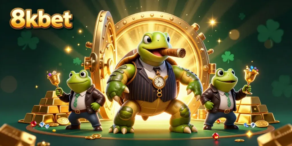 Experience high-stakes gaming with 8kbet in this vibrant casino scene featuring charming characters.