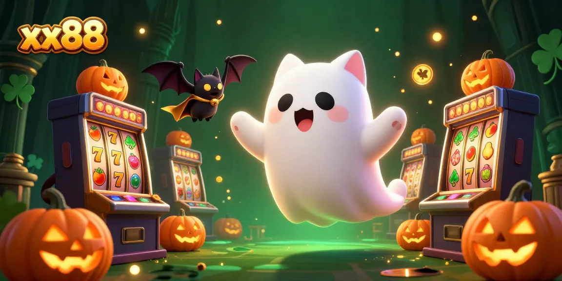 Win big with xx88 in a vibrant haunted casino scene featuring slot games and fun characters.