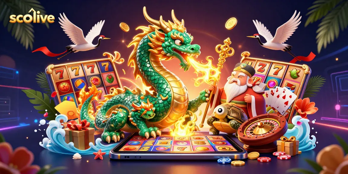 Experience the magic of socolive with a dragon, sage, and lucky cranes amidst vibrant slot elements.