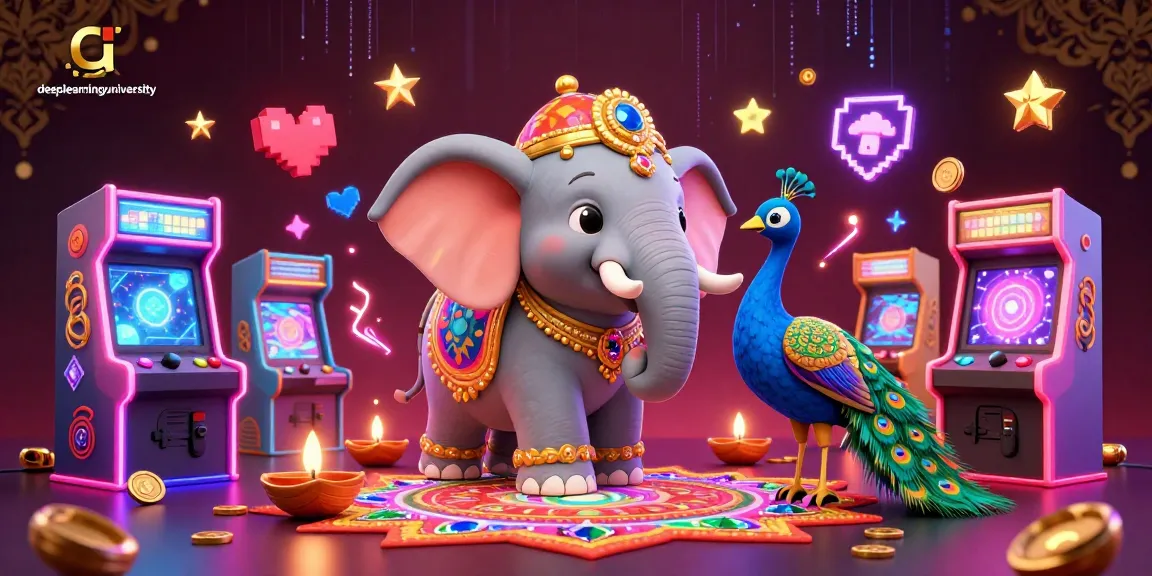 Engage with deeplearninguniversity's vibrant gaming universe featuring a Diwali-themed elephant and arcade elements.