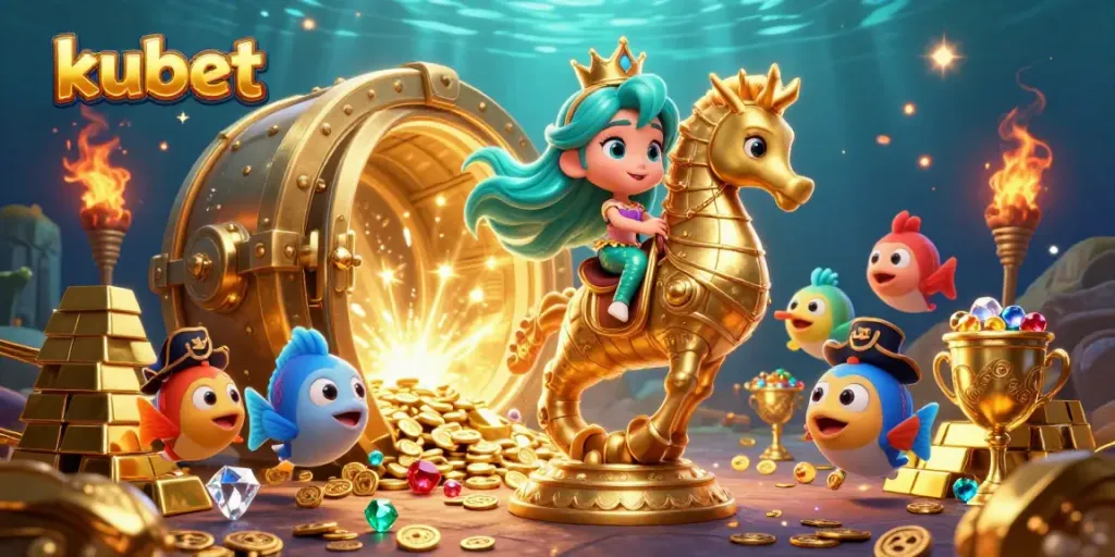 Engage in vibrant kubet casino action with a cartoon mermaid princess and treasure elements.