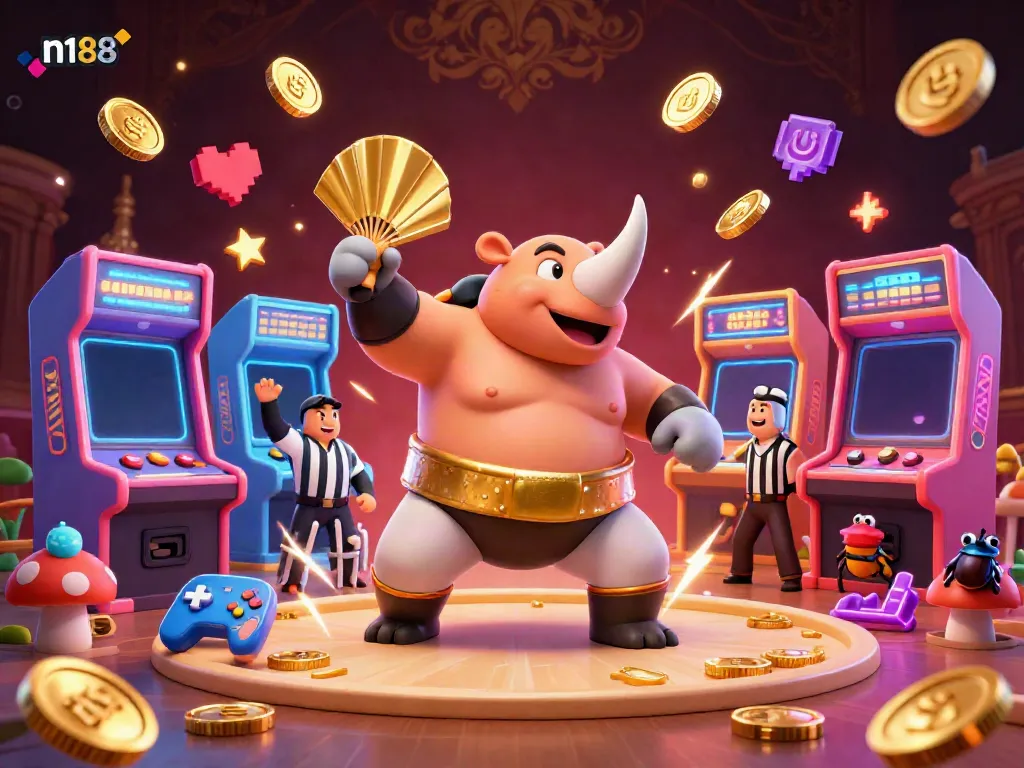 Join the thrilling n188 gaming experience with a colorful sumo beetle champion amidst dazzling casino elements.