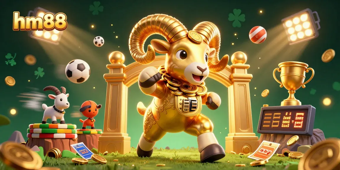 Experience the thrill of betting with hm88's golden ram among vibrant sports elements.