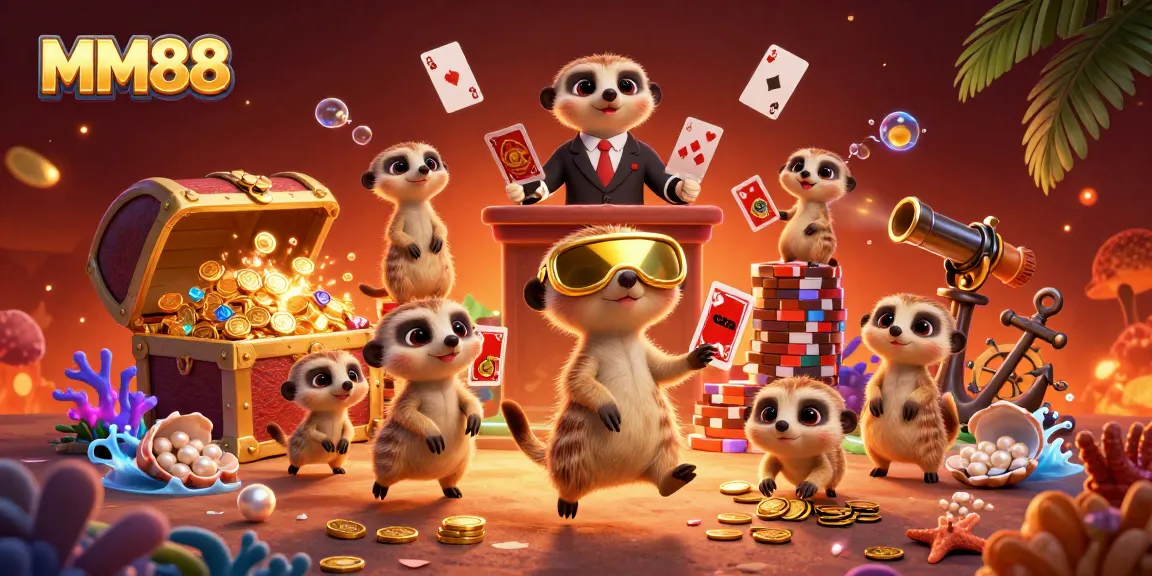 Experience MM88's unique casino adventure with meerkats in a vibrant, underwater-themed 3D illustration.
