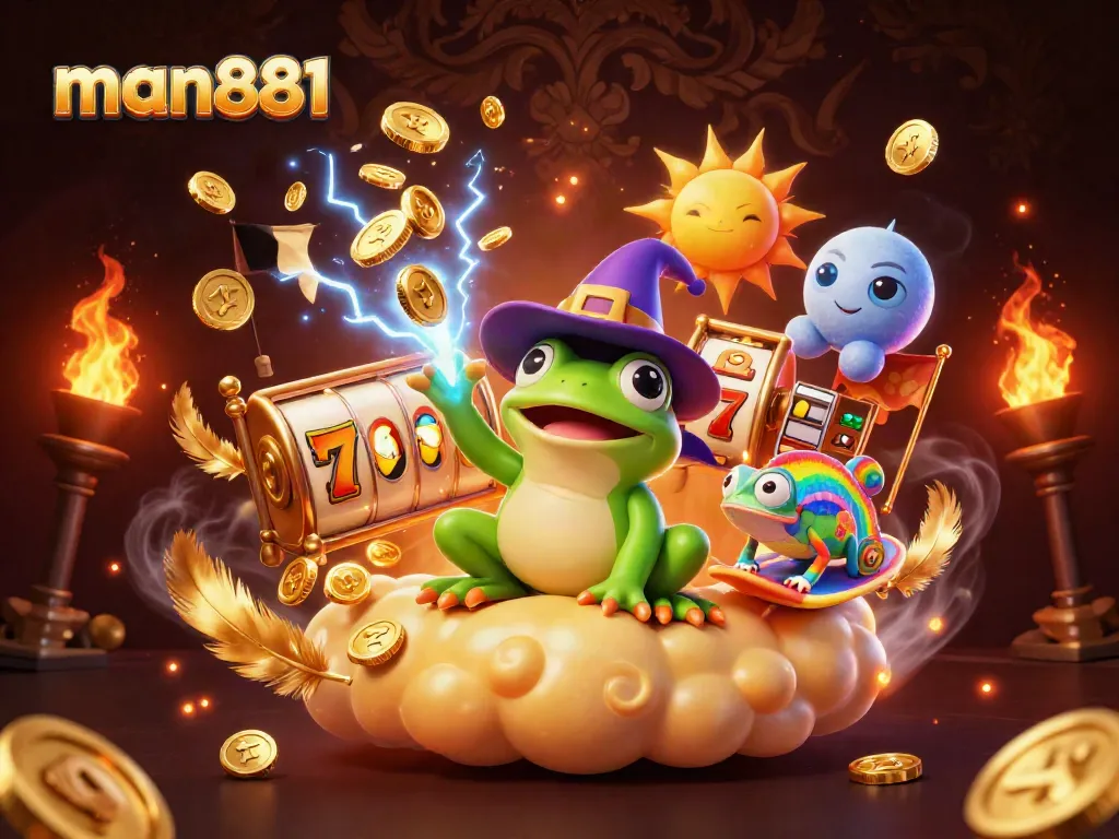 Engage in thrilling jackpots at man881, where a weather wizard frog conjures coins and a chameleon surfs clouds.