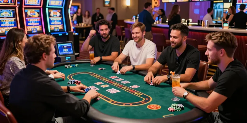 Players enjoying their time at credit card casinos, engaged at gaming tables with vibrant atmosphere.