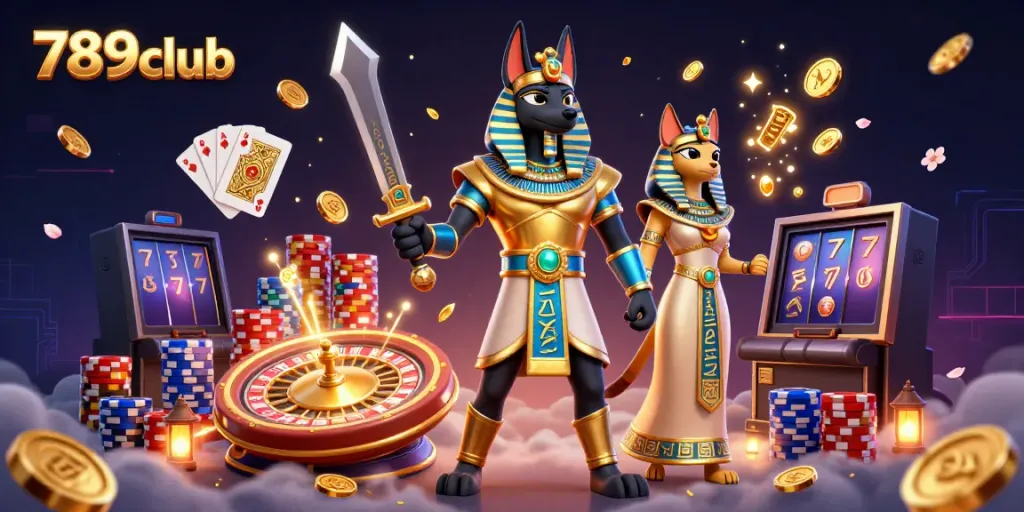 Experience thrilling gameplay with 789club illustrated through ancient warriors, gold coins, and vibrant casino elements.