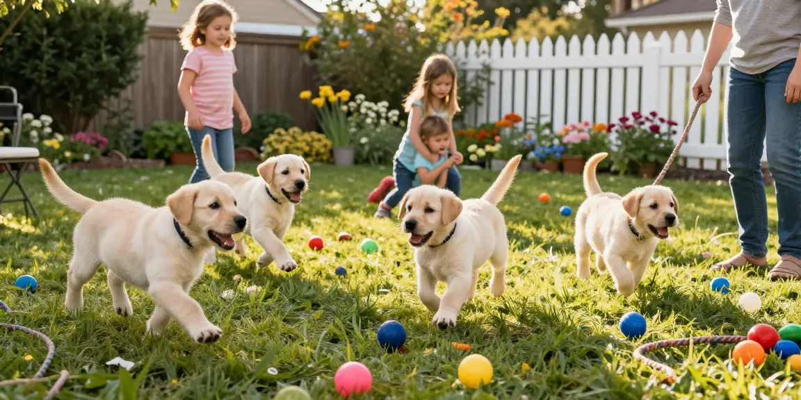 Labrador retriever puppies playing joyfully in a colorful backyard.