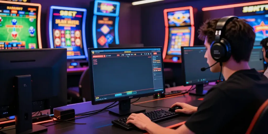 Engaged gamer on 9BET showcasing live casino and slot games in a vibrant setting.