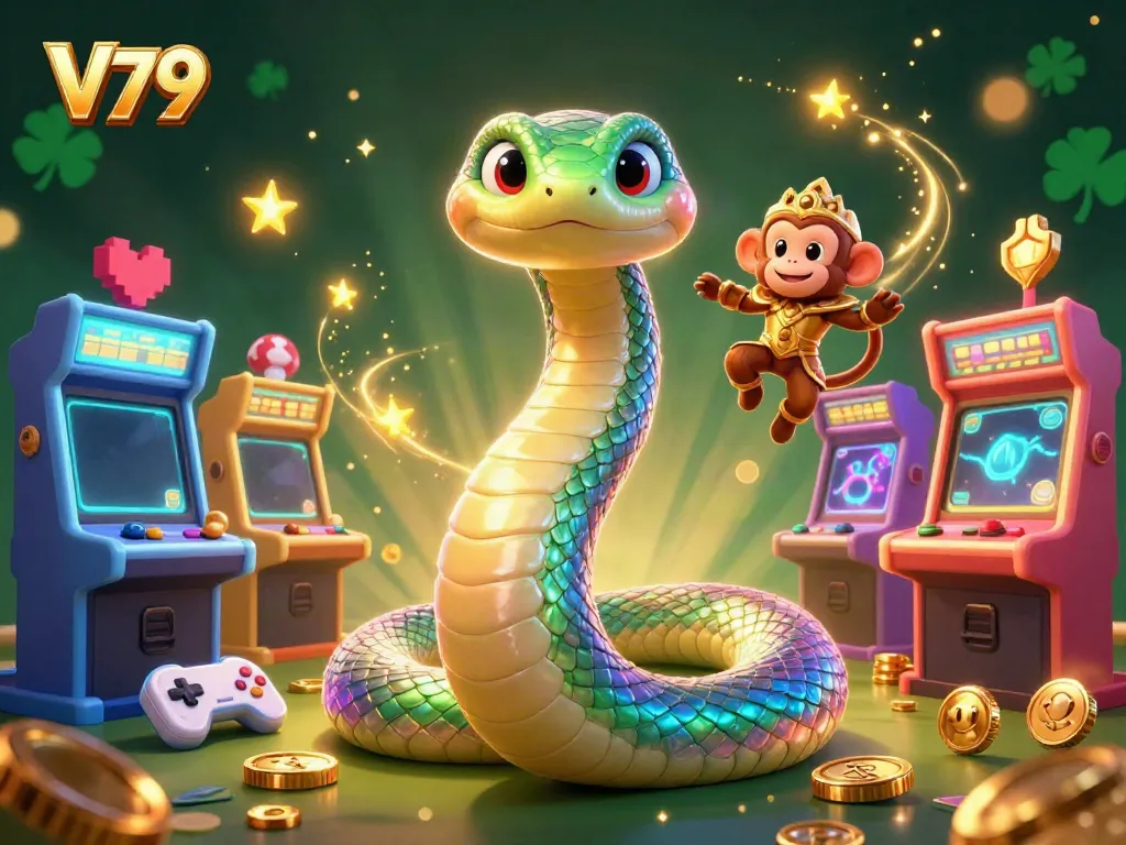 Play to win at V79 with vibrant characters and casino games highlighting exciting gameplay.