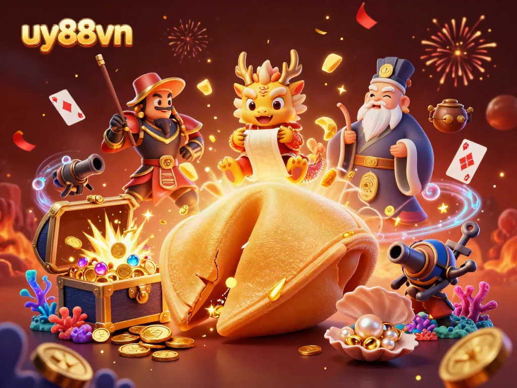 Engage in excitement with uy88vn's dynamic casino atmosphere featuring a golden fortune cookie and dragon