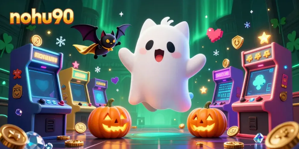 Engage in thrilling gameplay at nohu90, featuring a ghost cat in a vibrant casino scene.