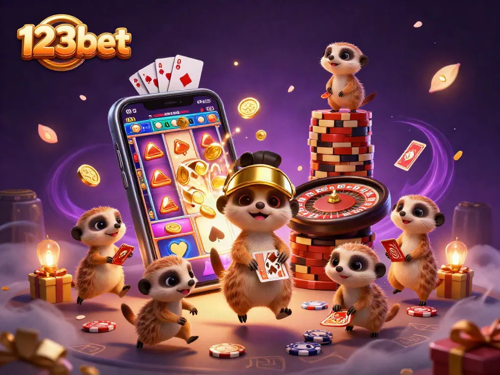 Experience the thrill of gaming at 123bet with meerkats orchestrating a vibrant casino scene filled with excitement.