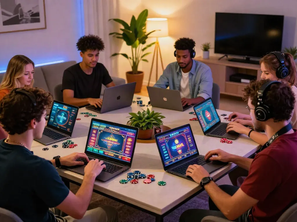 Engaging online gaming environment showcasing diverse players at non GamStop casinos with colorful interfaces and poker chips.