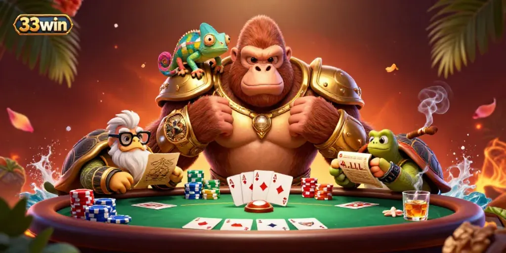 Engage with thrilling poker at 33win, featuring vibrant characters and rich casino elements.