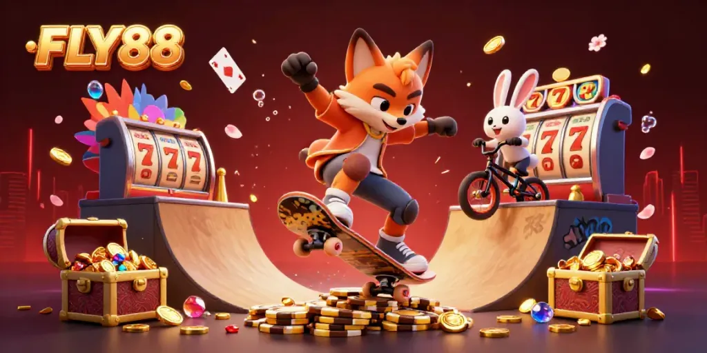 FLY88 showcases thrilling fun with a cartoon fox and rabbit amidst vibrant casino-themed elements.