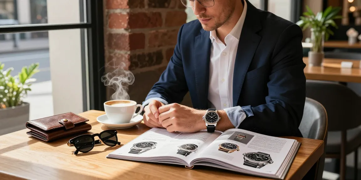 Evaluating super clone watches in a chic café setting with luxury details and accessories.