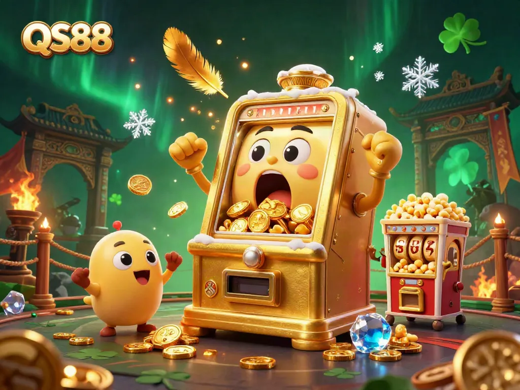 QS88 jackpot scene featuring a golden slot machine and cheering smaller machines, showcasing excitement and rewards.