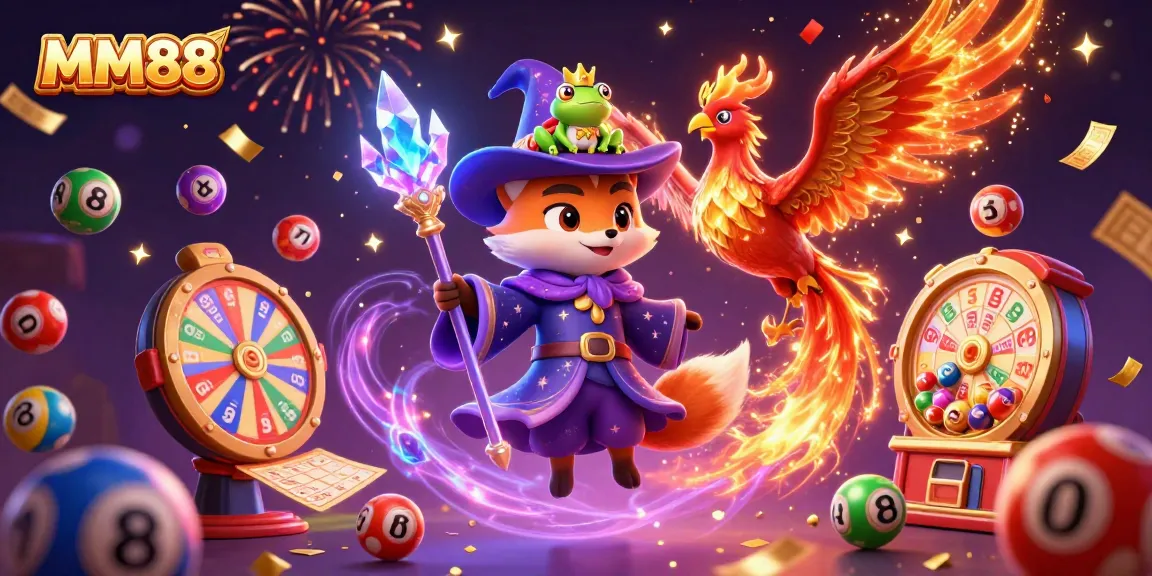 Experience exciting wins with MM88 in this vibrant 3D casino illustration showcasing whimsical characters and game elements.