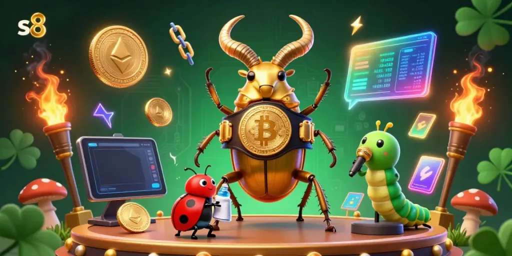 Engage in exhilarating gameplay with s8's vibrant casino scene showcasing golden beetles and cryptocurrency elements.