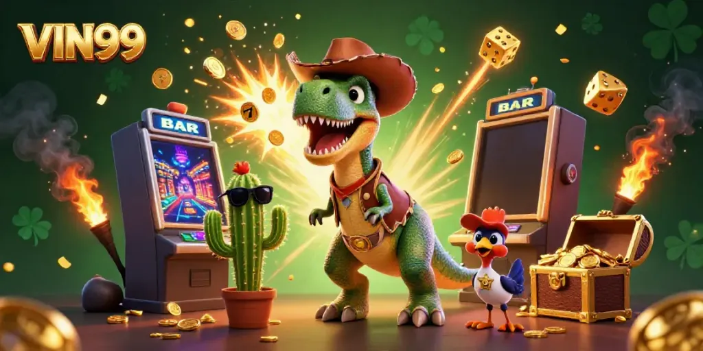 Experience the excitement of VIN99 with a vibrant 3D illustration featuring a cowboy dinosaur and casino games.