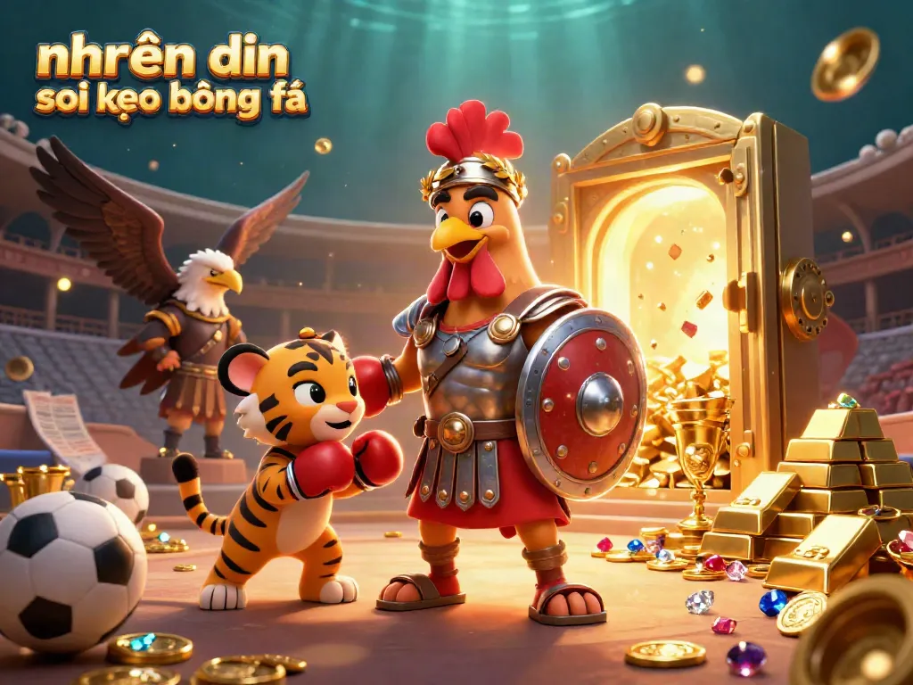 Experience nhận định soi kèo bóng đá with our dynamic 3D illustration featuring sports-themed treasures and characters.