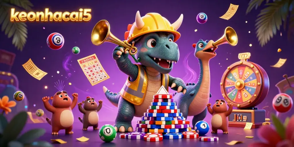 Enjoy a vibrant casino scene depicting keonhacai5 with a lively triceratops and colorful game elements.