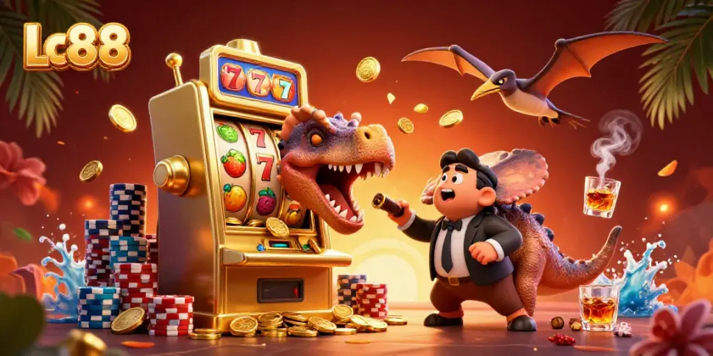 Experience a thrilling Lc88 jackpot moment with animated dinosaurs and vibrant slots.