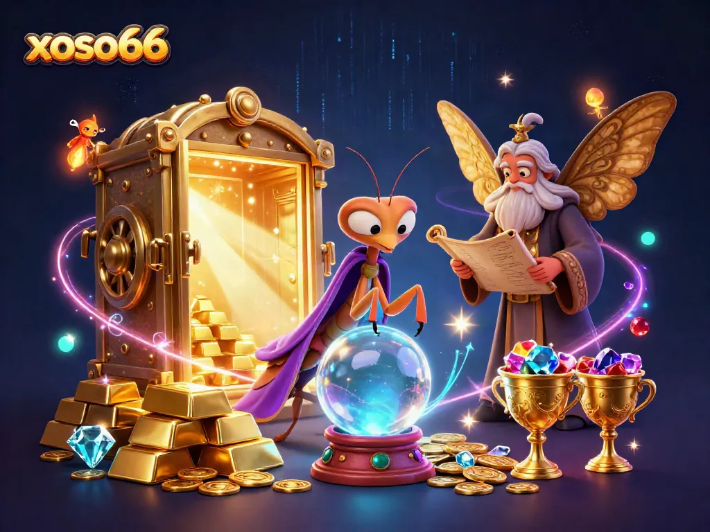 Engage with xoso66 in this captivating illustration of fortune-telling and treasure, filled with magical elements.