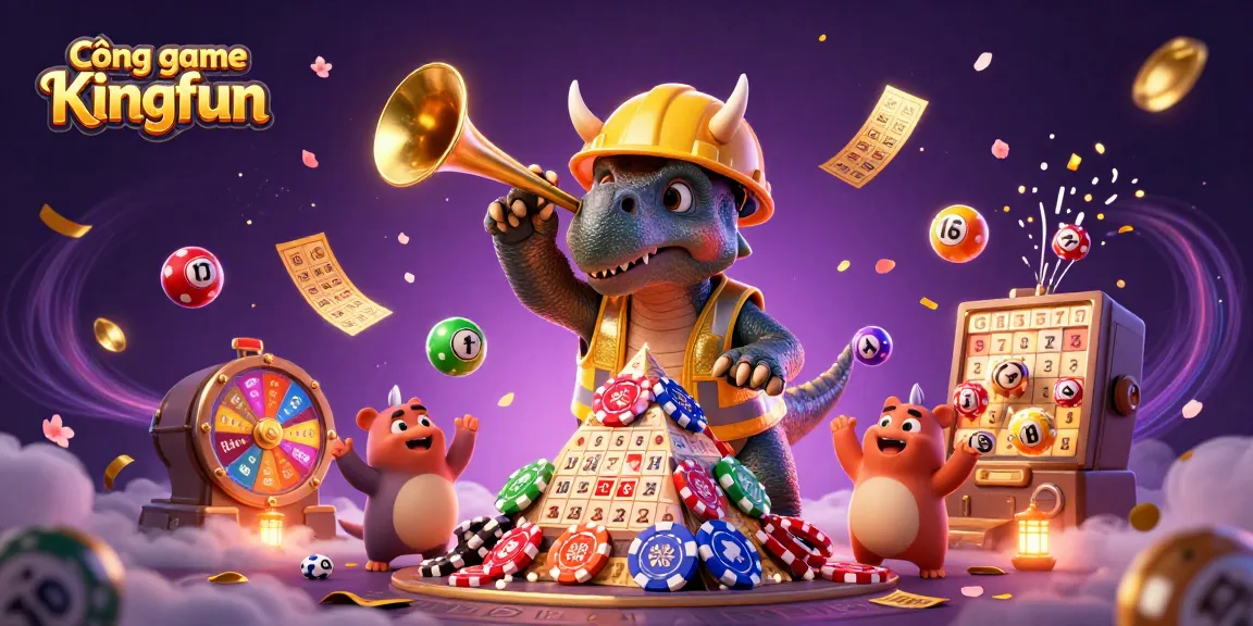 Cổng game Kingfun celebrates with a 3D triceratops building a poker chip pyramid amid dynamic casino elements.