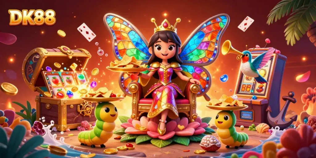 Experience engaging gameplay at DK88, featuring a vibrant butterfly queen and jewel-filled treasures.