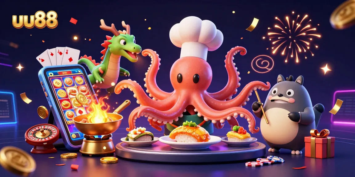 uu88 offers exciting slot games as a sushi chef octopus prepares gourmet dishes, surrounded by winnings.